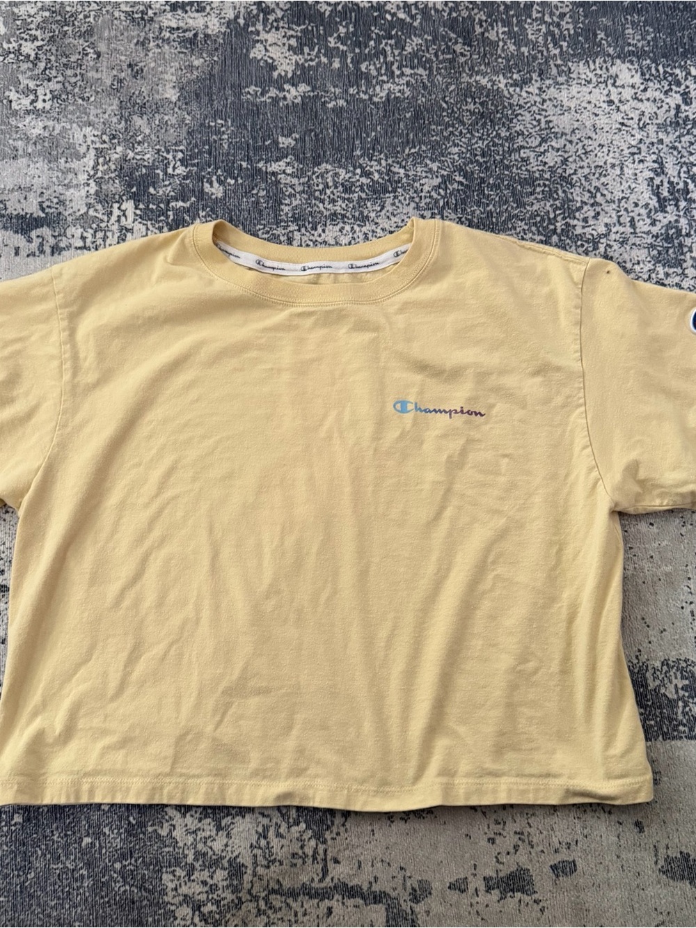 Champion Pale Yellow Short Sleeve Tee with Light Blue Logo